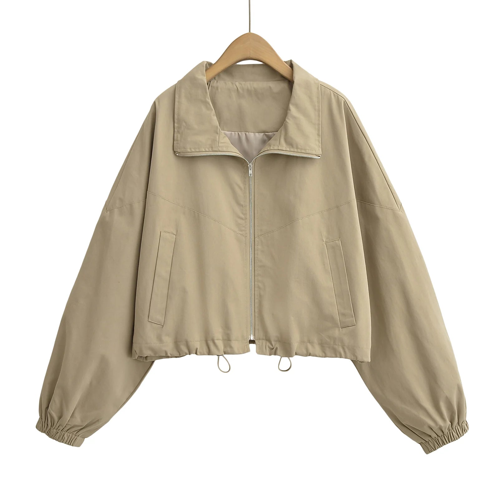 Women's Cropped Utility Jacket - Drop Shoulder Drawstring Hem Ribbed Cuffs Lightweight Cotton