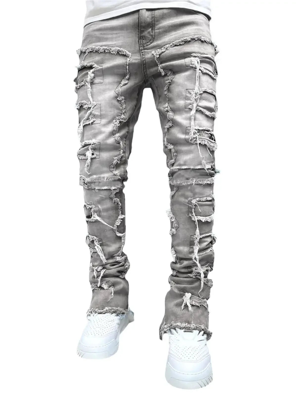 New Fashion Stretch Jeans Man Stacked Jeans Elastic Waist Straight Fit Patchworks Denim Long Pants Fringe Ripped Jeans For Men