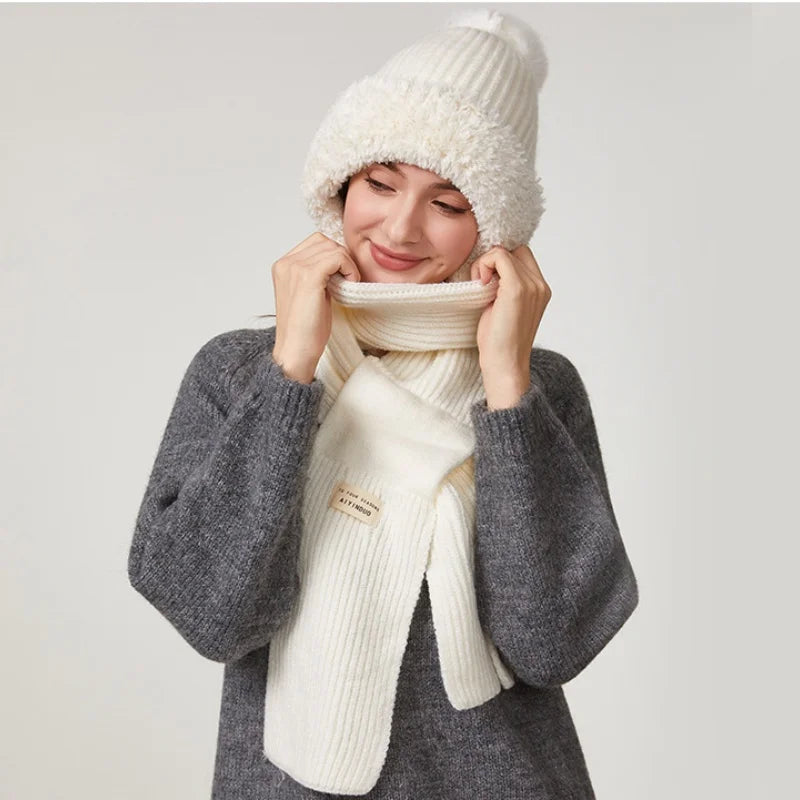 Winter Hat with Long Scarf - Women's Outdoor Knitted One-Piece Hat with Ear Neck Protection, Double-Layer Fleece-Lined  Warmth