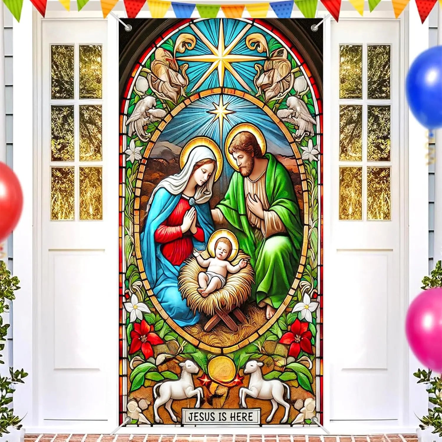 Christmas door banner, winter festival Nativity scene decoration, home decoration, festival front door hanging, party background