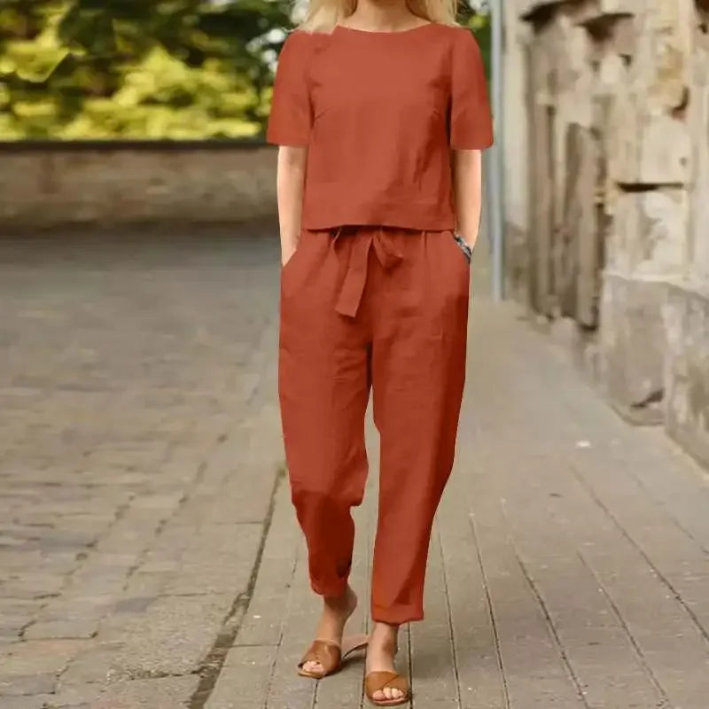 Women's Cotton Linen Suit Summer Matching Suit Half-sleeved Round Neck Tie Elastic Waist Trousers Wide-leg Pants Retro Suit
