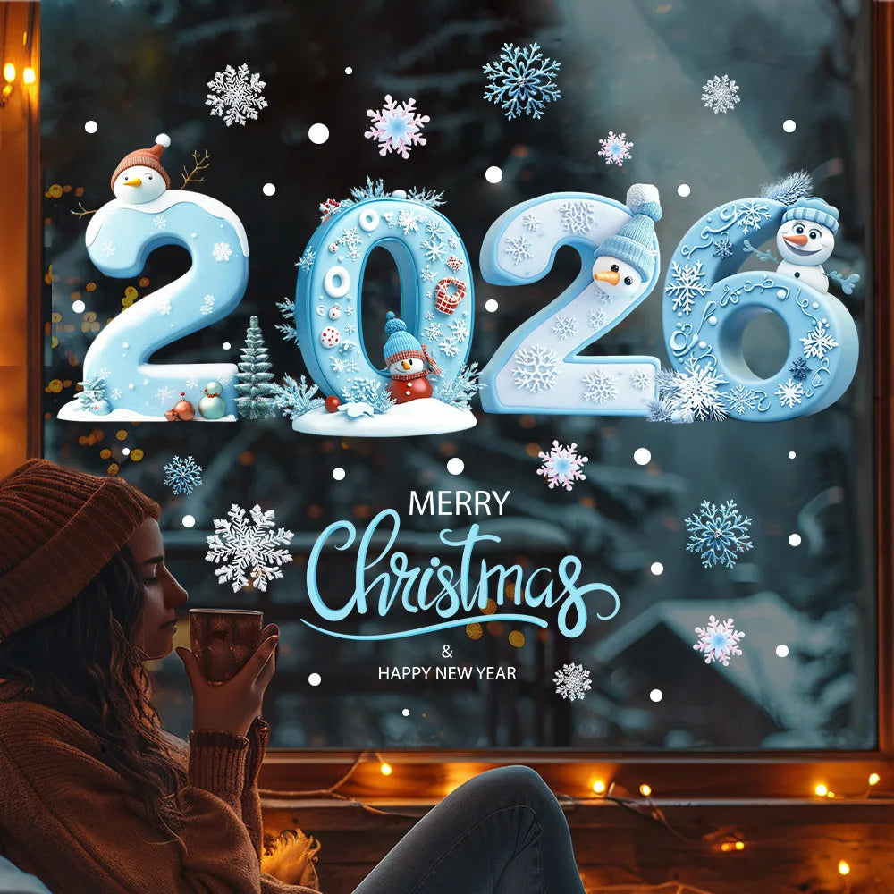 Christmas Glass Stickers Wooden House Pine Nut Sticker Glass Wall Decor Merry Christmas 2025 Stickers Happy New Year 2026
