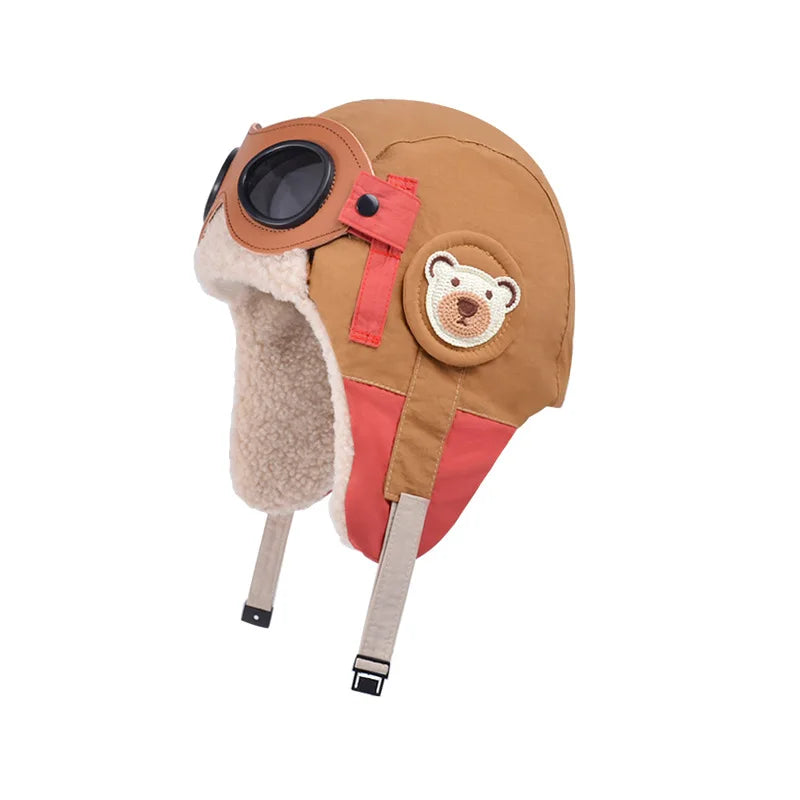 Winter Kids Skiing Hat with Detachable Goggles Kids Beanie Protect Ears Fleece Lining Children Bonnet Cap for Boys Girls 4-12Y