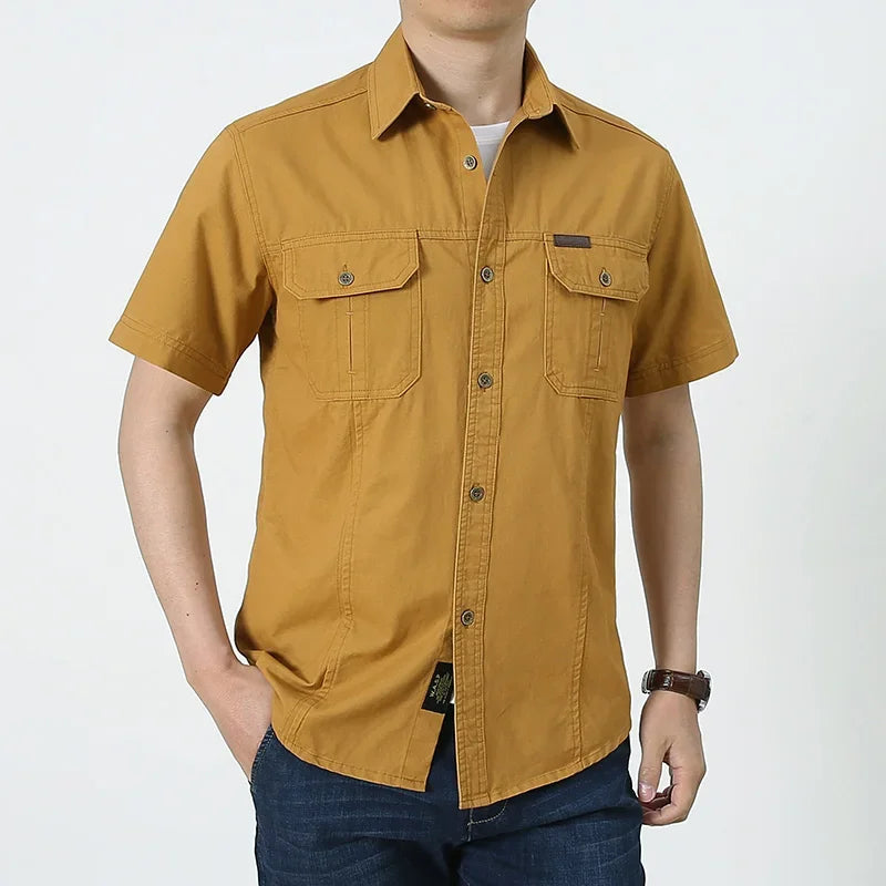 2023 Men Cargo Shirt Casual 100% Cotton Solid Short Sleeve Multi Pocket Work Blouses Loose Plus Size 5XL Business Men Clothing