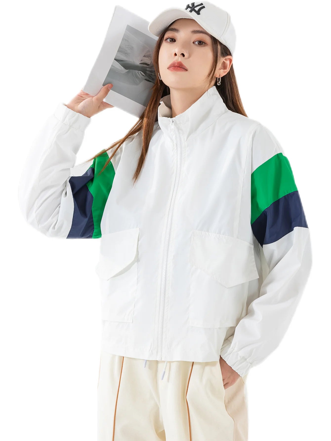 Women's Casual Jacket Color Block Windbreaker Coat Cropped junior Boomber Jacket Long Sleeves Patchwork Outerwear