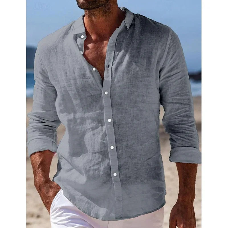 Men's linen shirt summer beach shirt button solid color casual daily black white pink navy blue long sleeved lapel XS-6XL