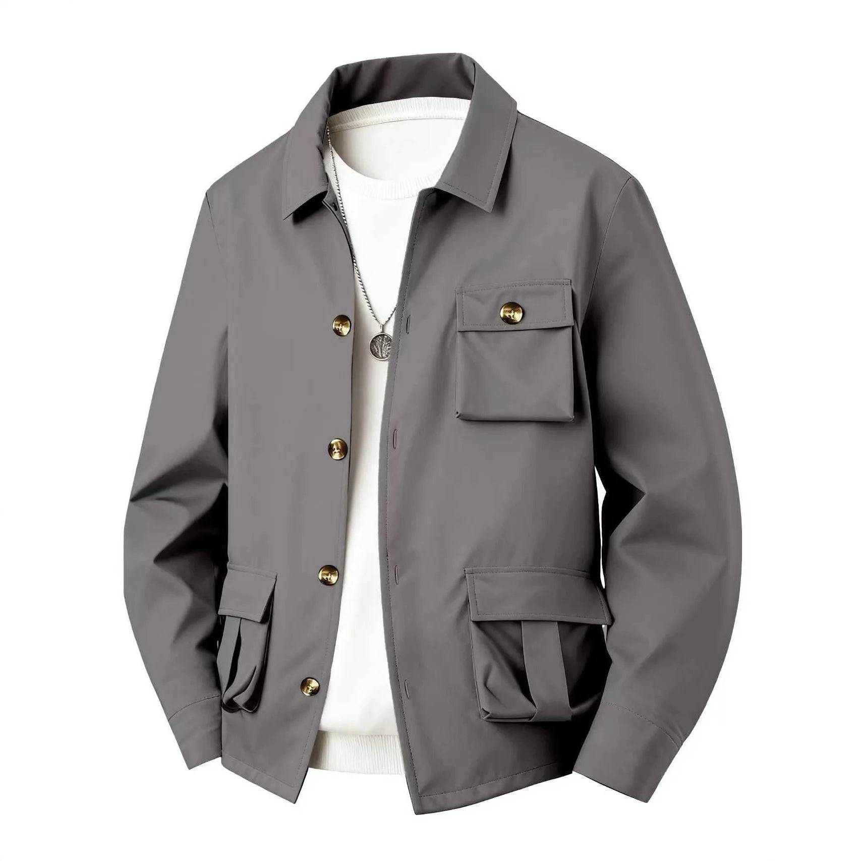 New men's coat - stylish and casual, with pocket buttons, collarless, simple solid color, winter jacket