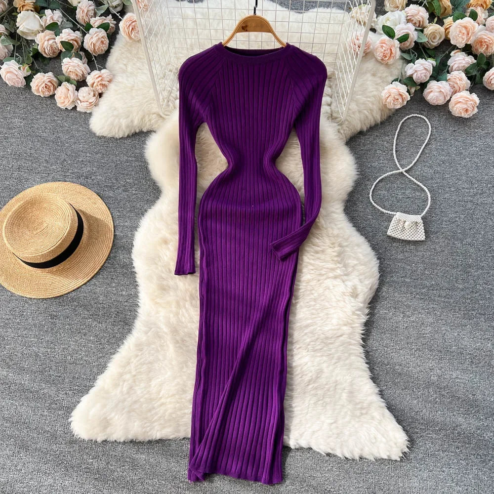 Women Knitted Dress O Neck Sexy Slim Elastic Oversized Basic Bodycon Long Dress Winter knit Warm Sweater Dresses