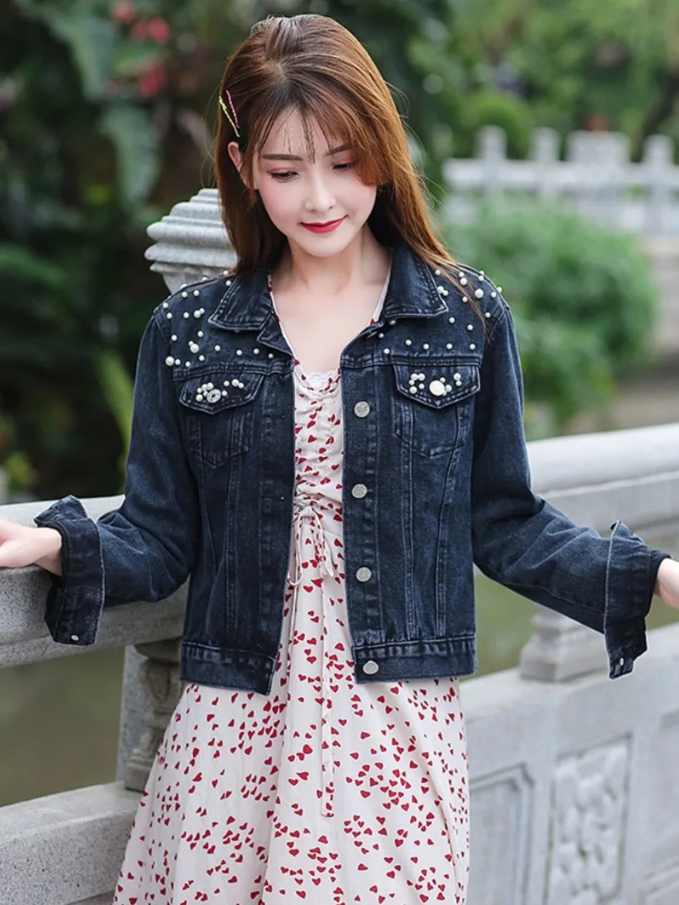 Cowboy Jacket Women's Denim Jacket Spring  Autumn New in Commuting Style Bead Fashion Casual Loose Regular Short Jacket
