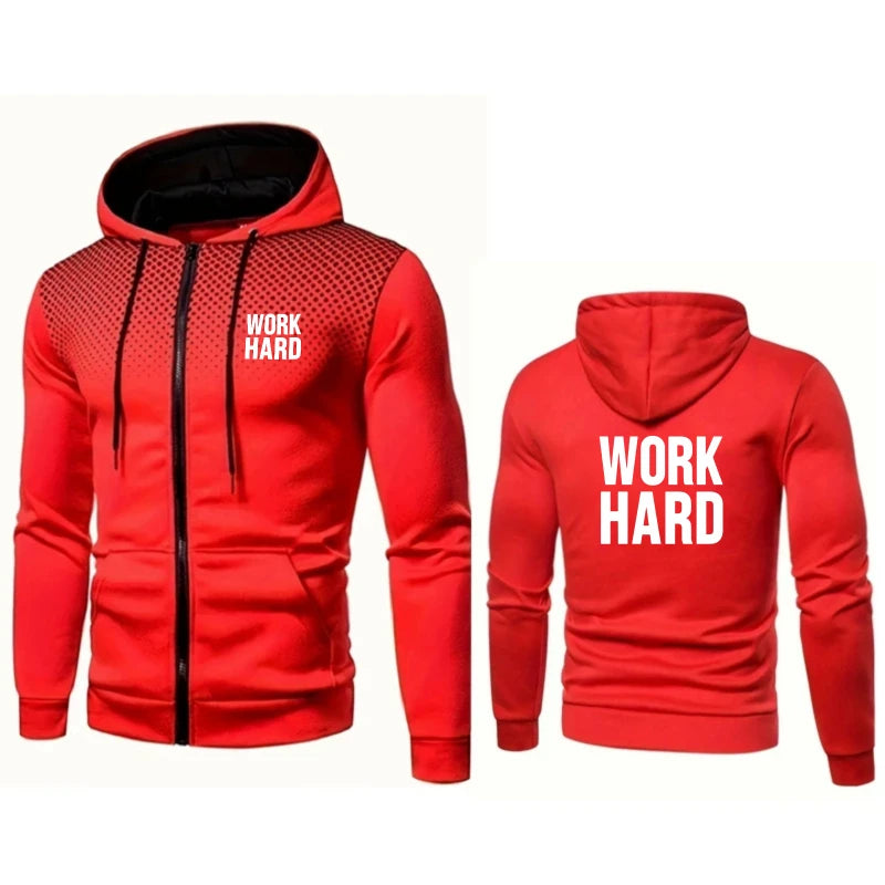 Men's Hooded Jacket Blue Work Hard Printed Text Gym Fitness Sport Casual Wear