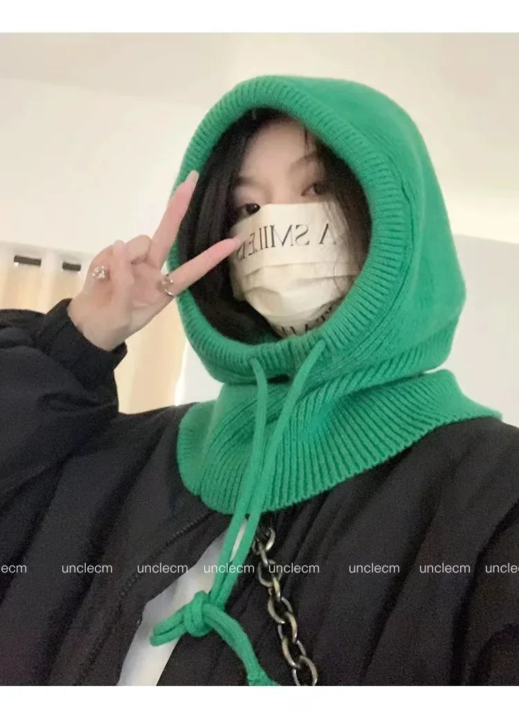 Winter Balaclava Hats For Men&Women Unisex Knitted Hooded Caps Outdoor Warmer Drawstring Hats One-Piece Neck Collar Beanies Cap