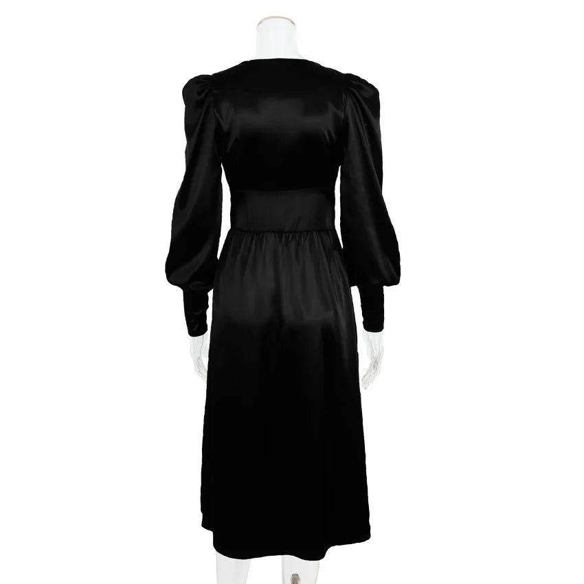 Autumn and Winter Women's Long Dress V-neck Satin Waist Retro Dresses for Women