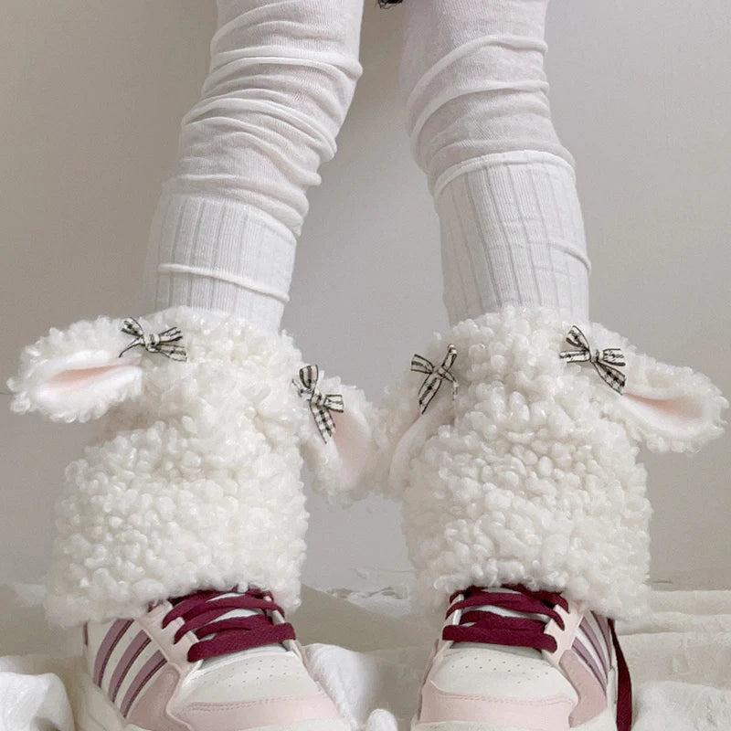 Winter White Plush Sheep Warm Hat Lolita Set Women's Outdoor Cute Leg Warmer Earmuffs Jk Cosplay Clothing Fashion Accessories