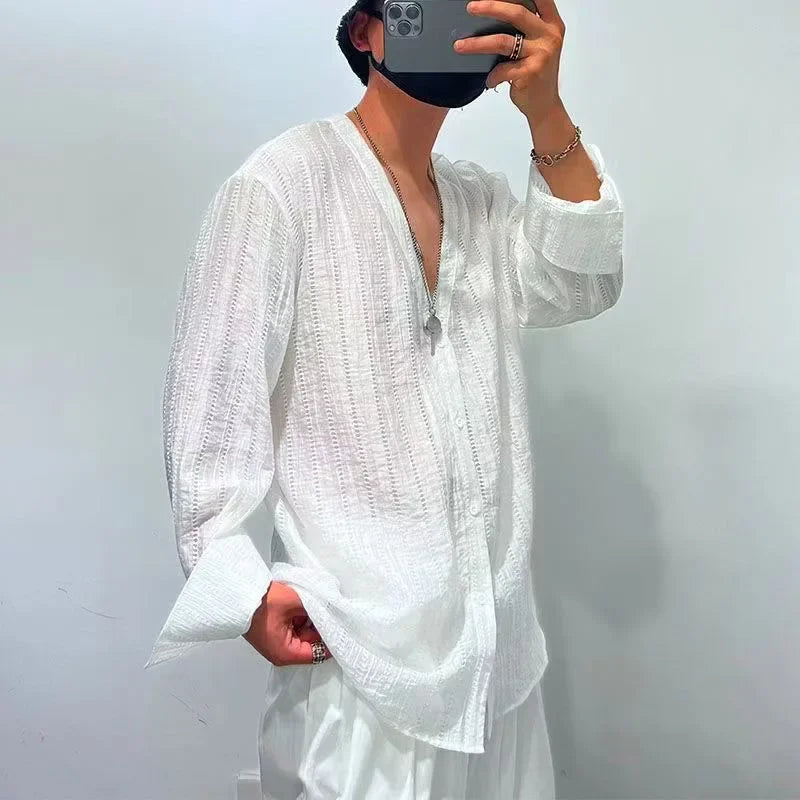 Mens Shirts Spring New Fashion Lace Long Sleeve Loose Casual T-shirt for Men