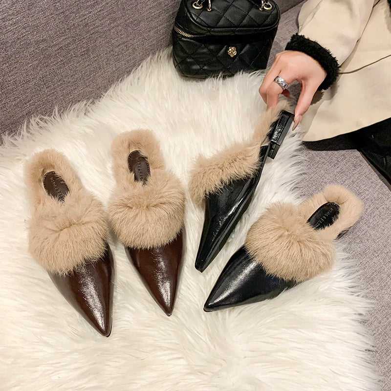 2025 New Shoes for Women House Slippers Platform Fur Flip Flops Slides Loafers Cover Toe Low Plush New Flat Basic Женская Обувь