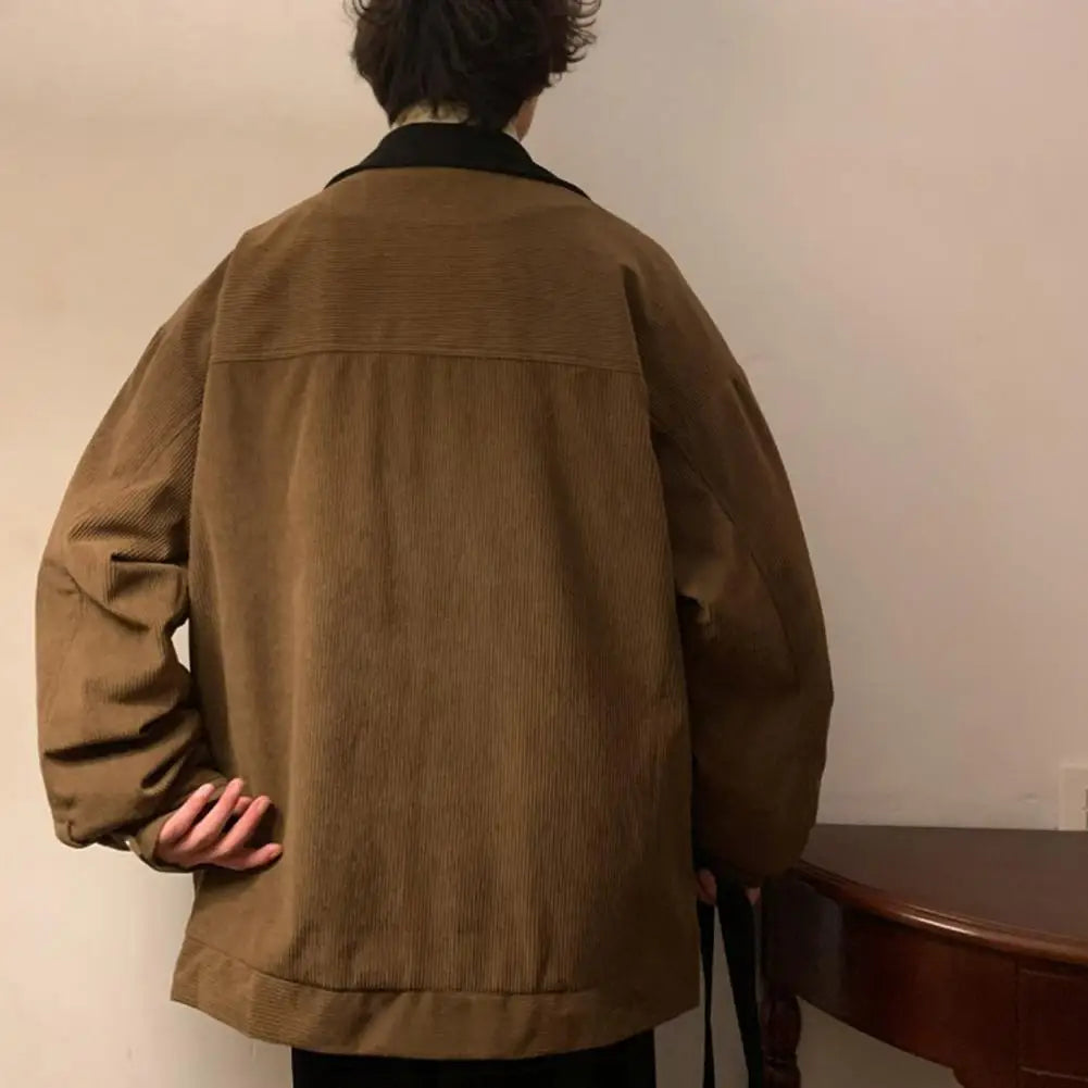 Men Jacket Stylish Men's Corduroy Patchwork Jacket with Full Zipper Placket Lapel Coat Outwear for Fall Winter Corduroy Outwear
