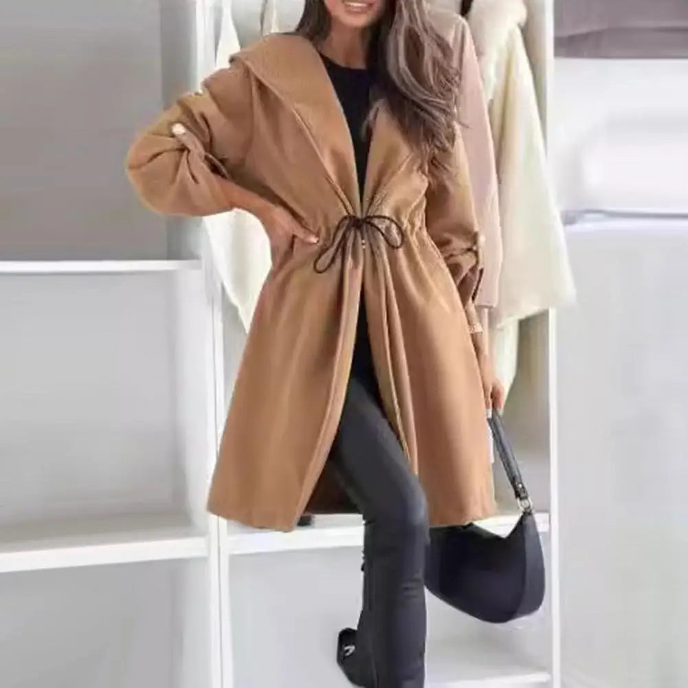 Women Loose Fit Jacket Stylish Hooded Winter Coat with Drawstring Waist Cufflinks for Women Warm Mid-length for Commuting