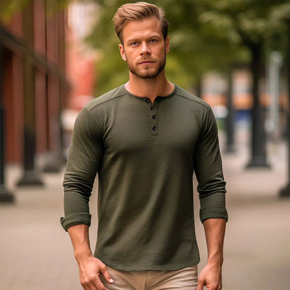 Men Long Sleeved T-shirt Cotton Slim Fit Bottoming Shirt Fitness Tops Tees Button Neck Casual Cozy Tshirt