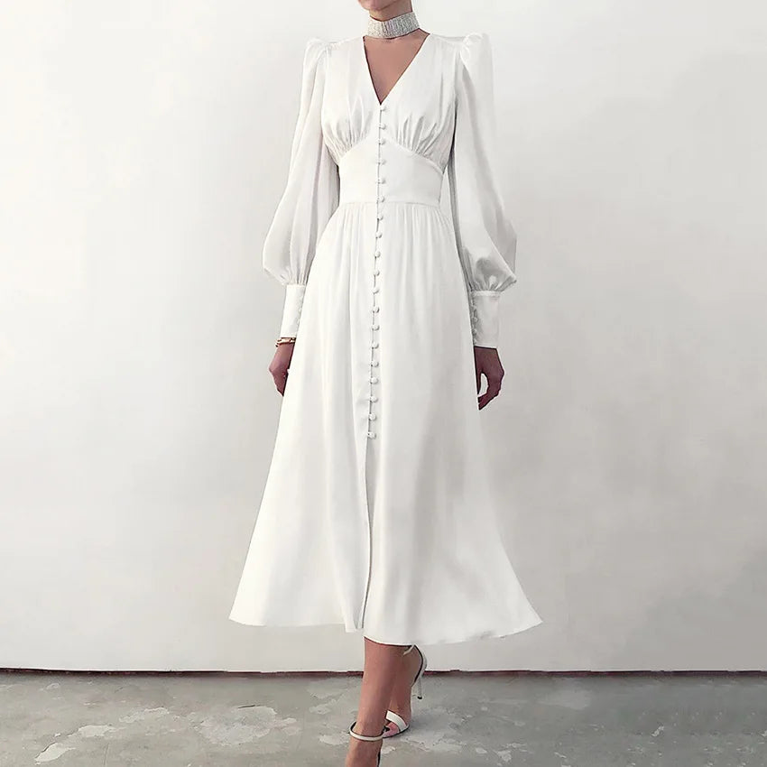 Autumn and Winter Women's Long Dress V-neck Satin Waist Retro Dresses for Women