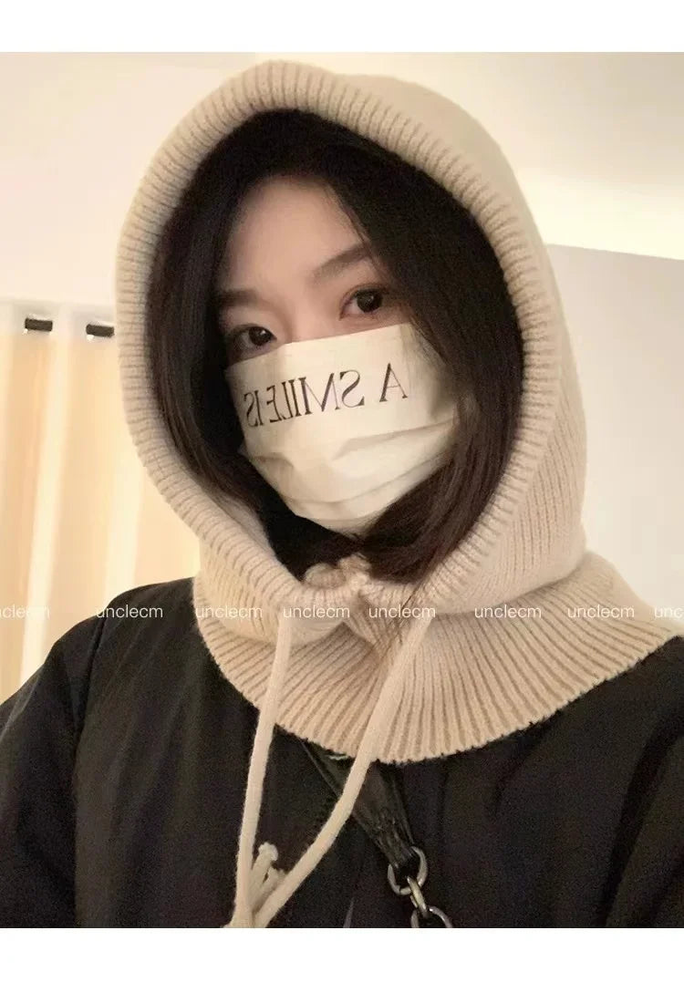 Winter Balaclava Hats For Men&Women Unisex Knitted Hooded Caps Outdoor Warmer Drawstring Hats One-Piece Neck Collar Beanies Cap