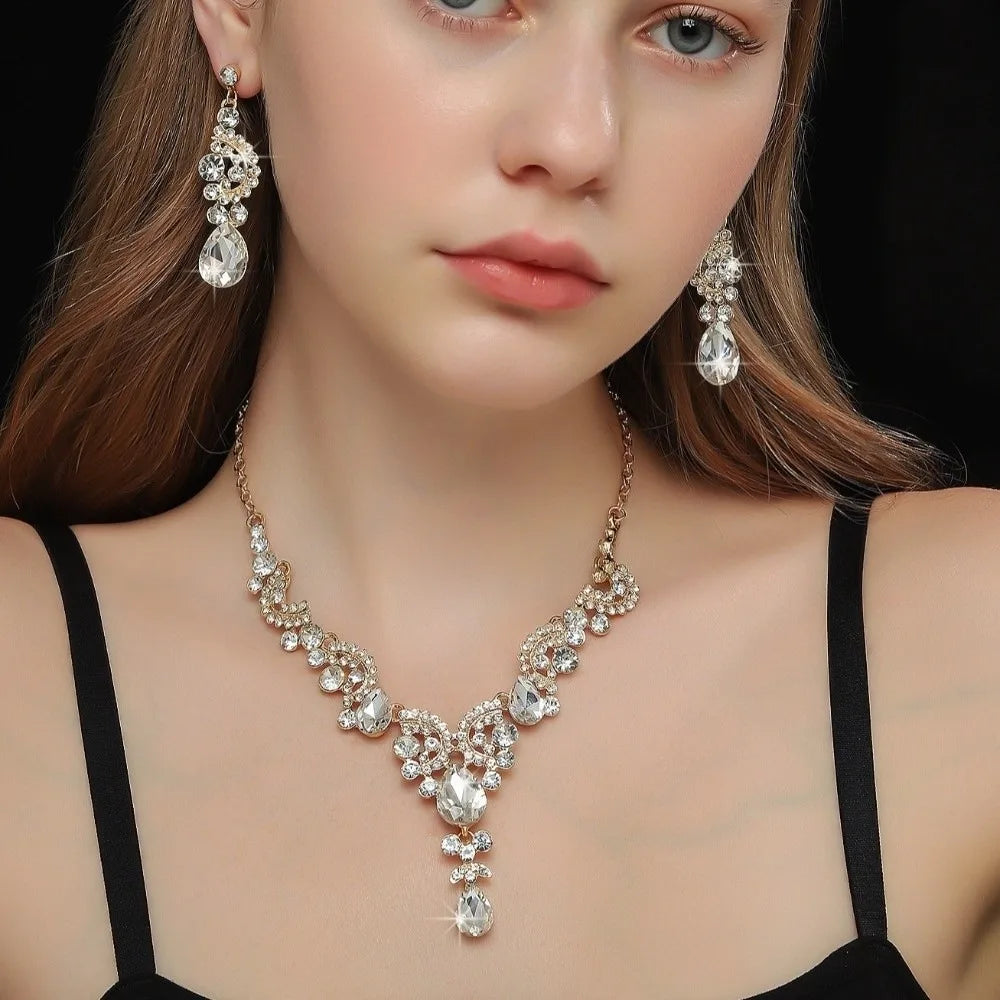 2pcs/set Crystal Bridal Necklaces Earrings Shining Elegant Rhinestone Jewelry Set Exquisite Collar Choker Necklace Earrings Set