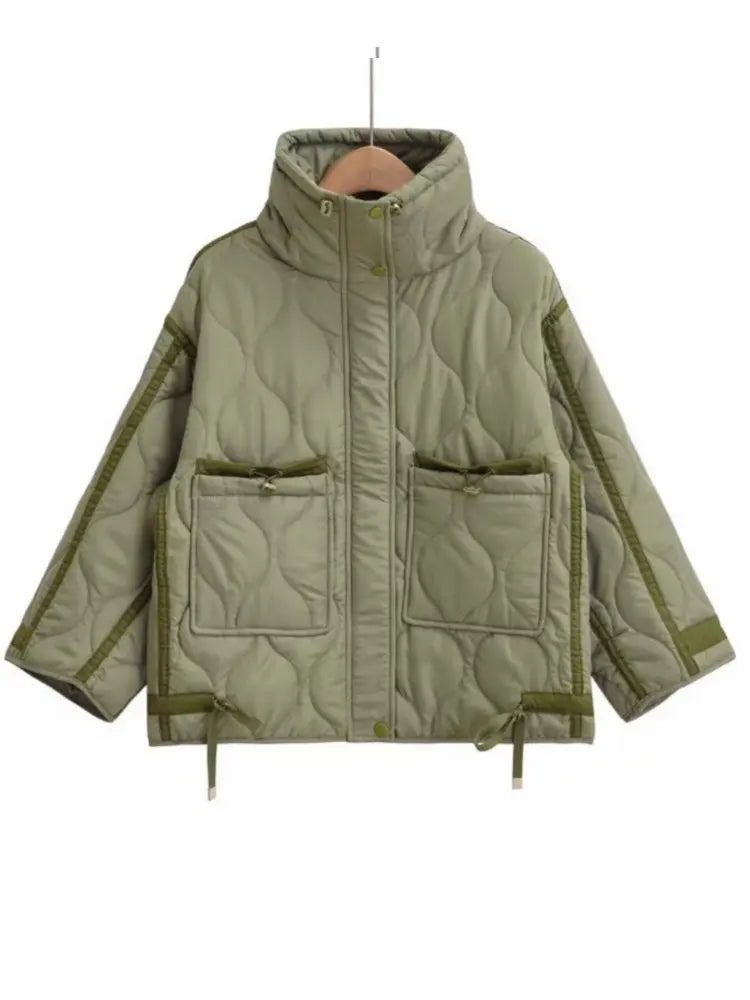 Quilted coat for women ETJ 2024traf QUILTED JACKET WITH TIES new beige drawstring high neck pocket clip cotton jacket for women