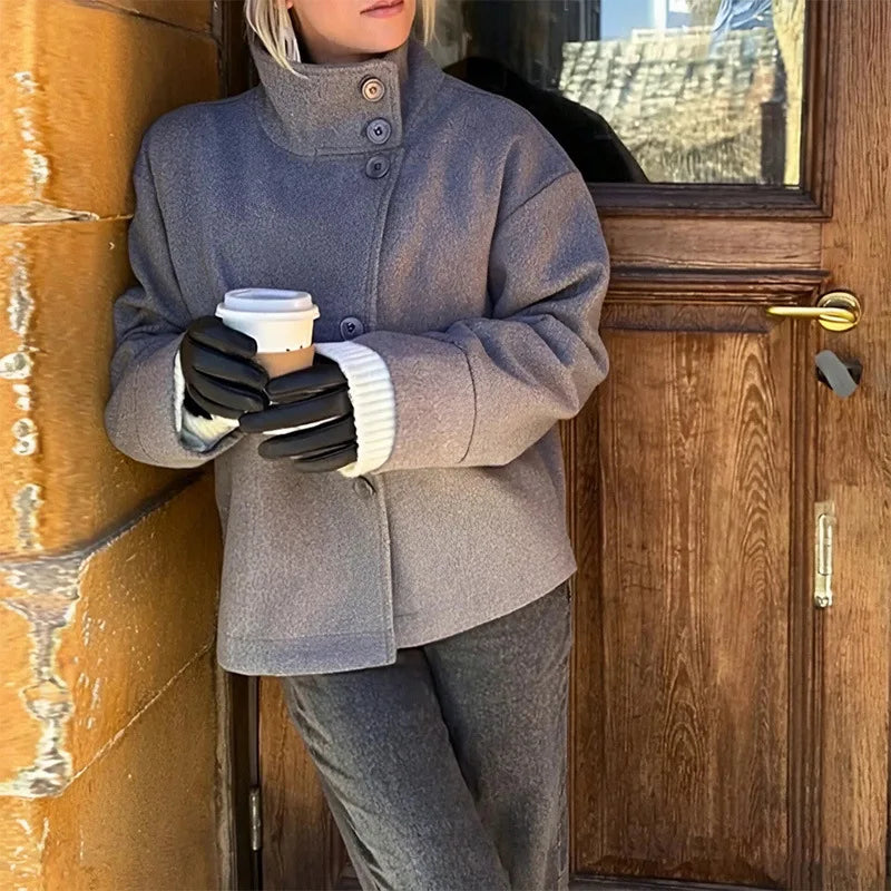 2025 Fall and Winter Women's Jacket Elegant Stand Collar Single Breasted Buttoned Loose Coat Woolen Solid Women Coat Outwears