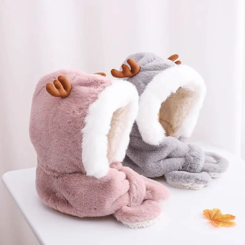 Winter Kids Hat for Boy Girl Cartoon Deer Antler Scarf One-Piece Faux Fur Baby Bonnet Thicken Infant Earflap Cute Christmas Gift