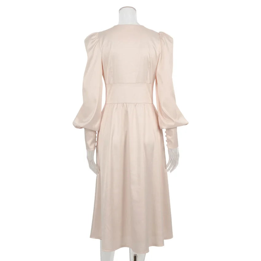 Autumn and Winter Women's Long Dress V-neck Satin Waist Retro Dresses for Women