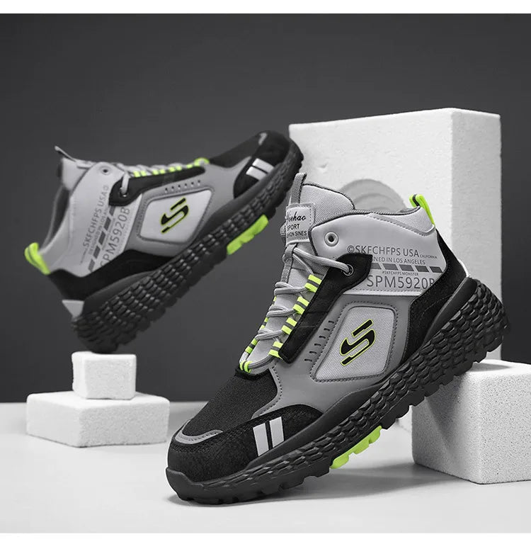 Men's Shoes 2025 New Outdoor Leisure Sports Mesh Shoes Driving To Work Thick Soled Wear-resistant Black Mid Top Trendy Sneakers