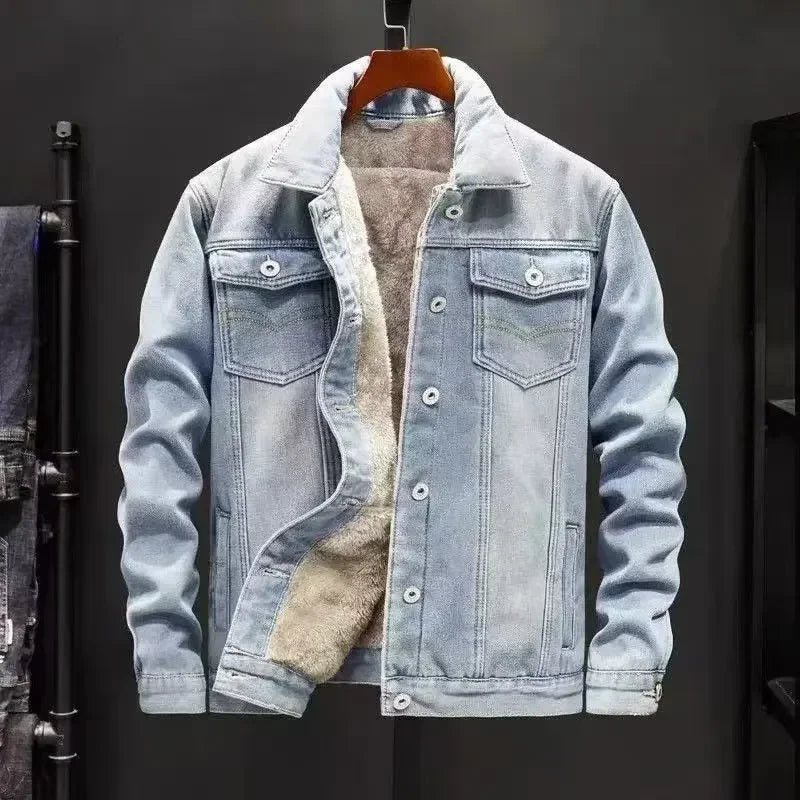 Men Coat Thick Denim Jackets Turn Down Collar Lamb Wool Coats Full Sleeve Casual Splice Single Breasted Jacket Autumn Winter