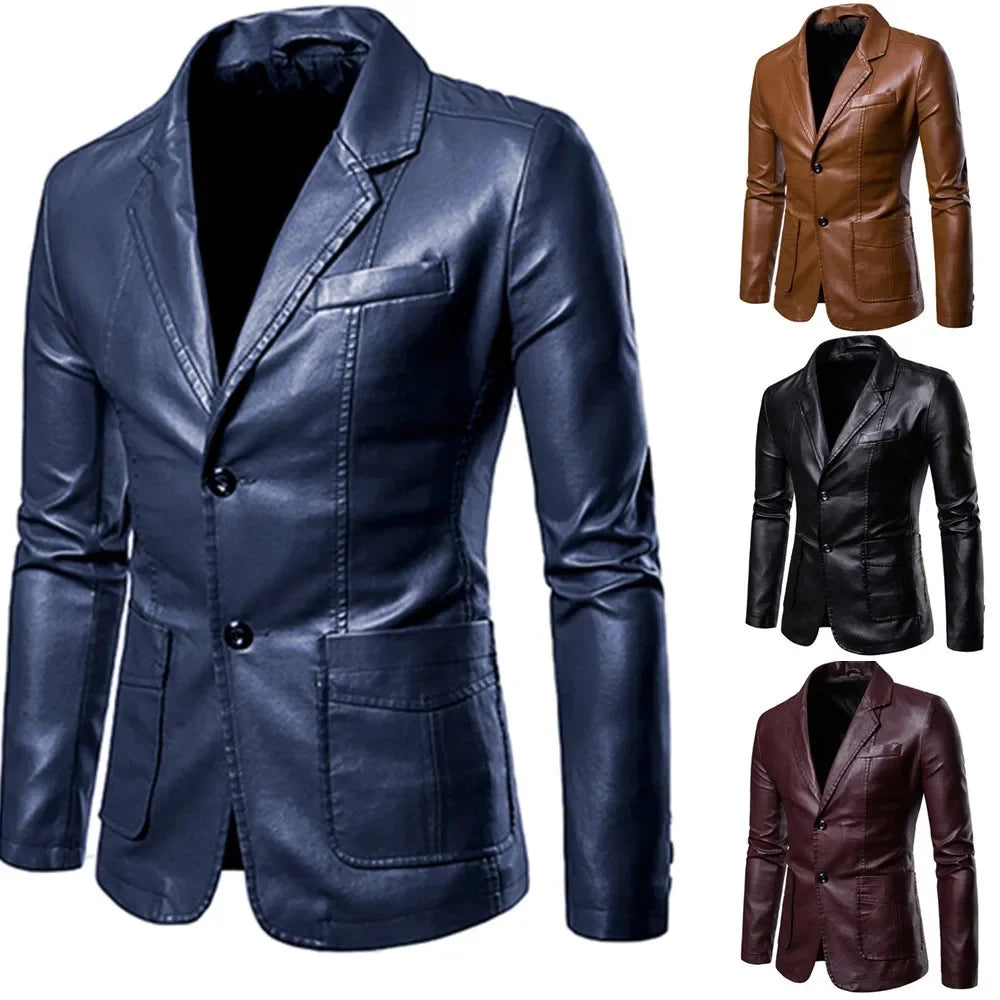 Blazer Man 2025 Men's PU Leather Jackets for Men Autumn Jacket Button Turn Down Collar Business Coat Biker Motocycle Jacket