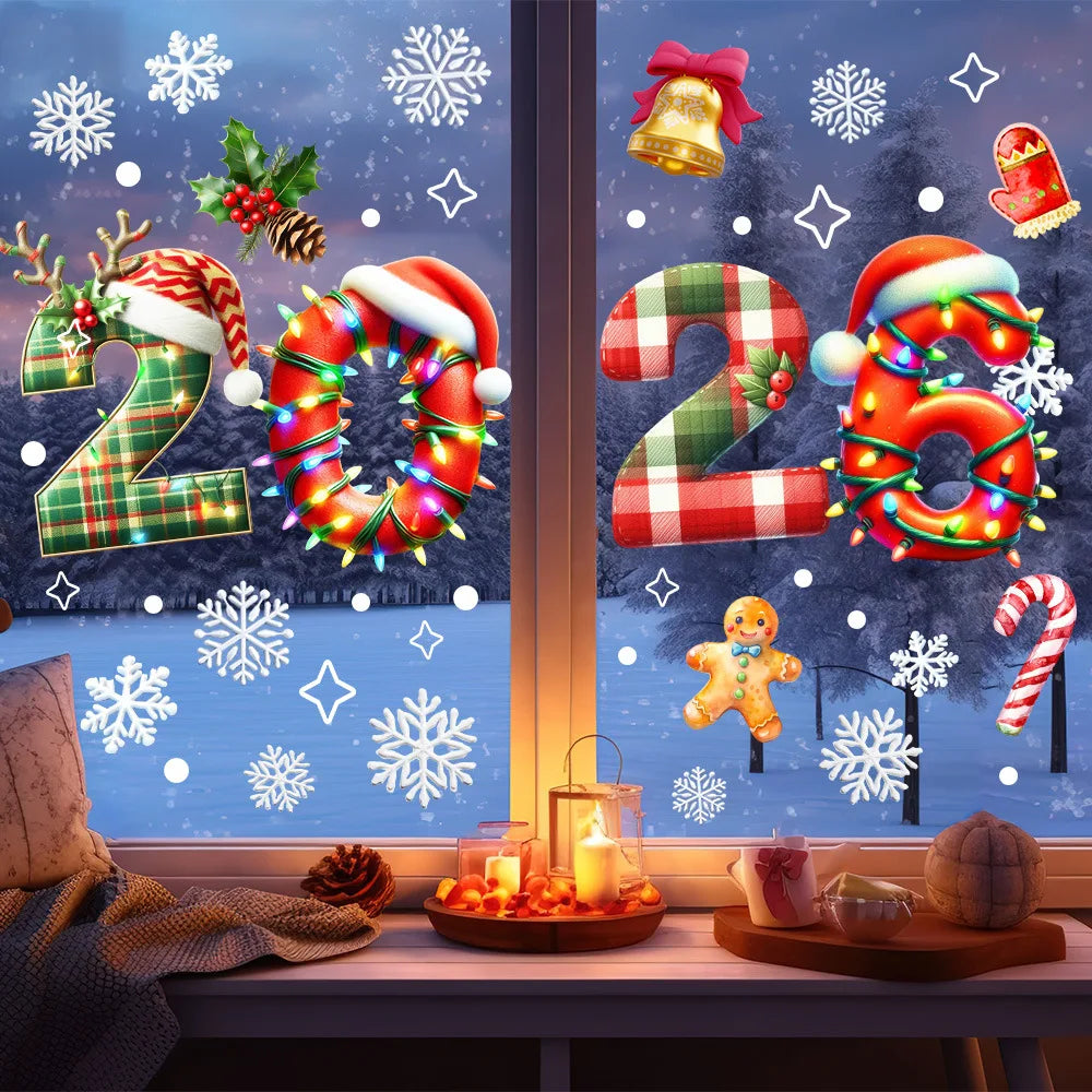 Christmas Glass Stickers Wooden House Pine Nut Sticker Glass Wall Decor Merry Christmas 2025 Stickers Happy New Year 2026