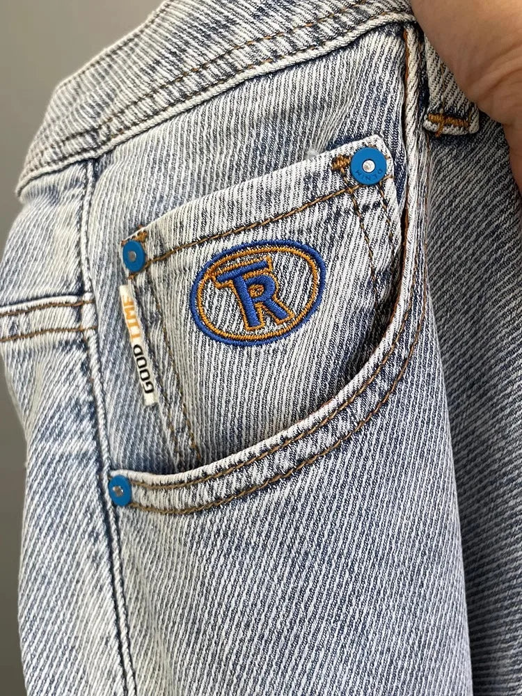 Light Blue Embroidered Jeans Men's Summer Slim Fit Nine-Piece Waed Casual Pants Breathable Straight Leg Jeans Youth Trend