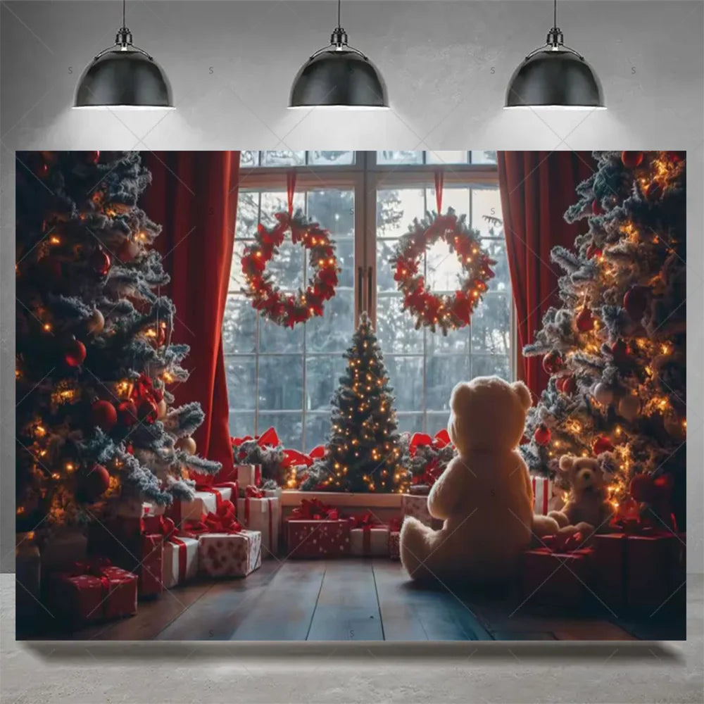 Christmas Party Decoration Winter Fireplace Xmas Tree Background Baby Shower Supplies Banner Photo Prop Backdrop Children Gift