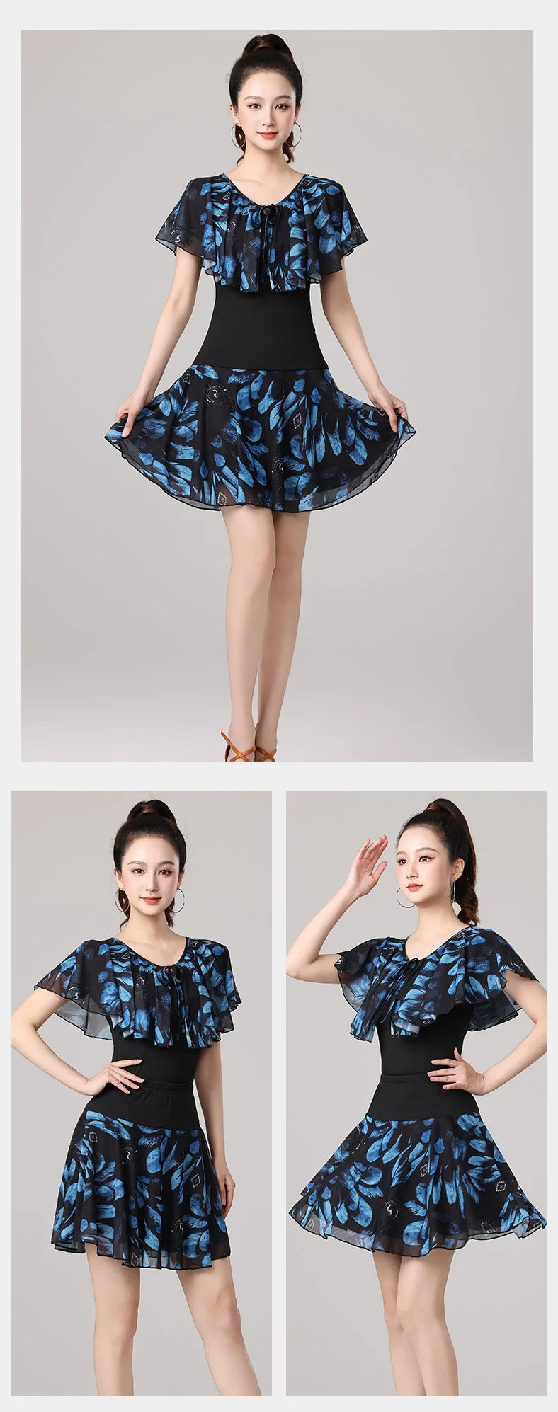 Women Samba Latin Dance Practice Suit Summer New Net Yarn Printed Modern Dance Performance Costume Square Modern Evening Dresses