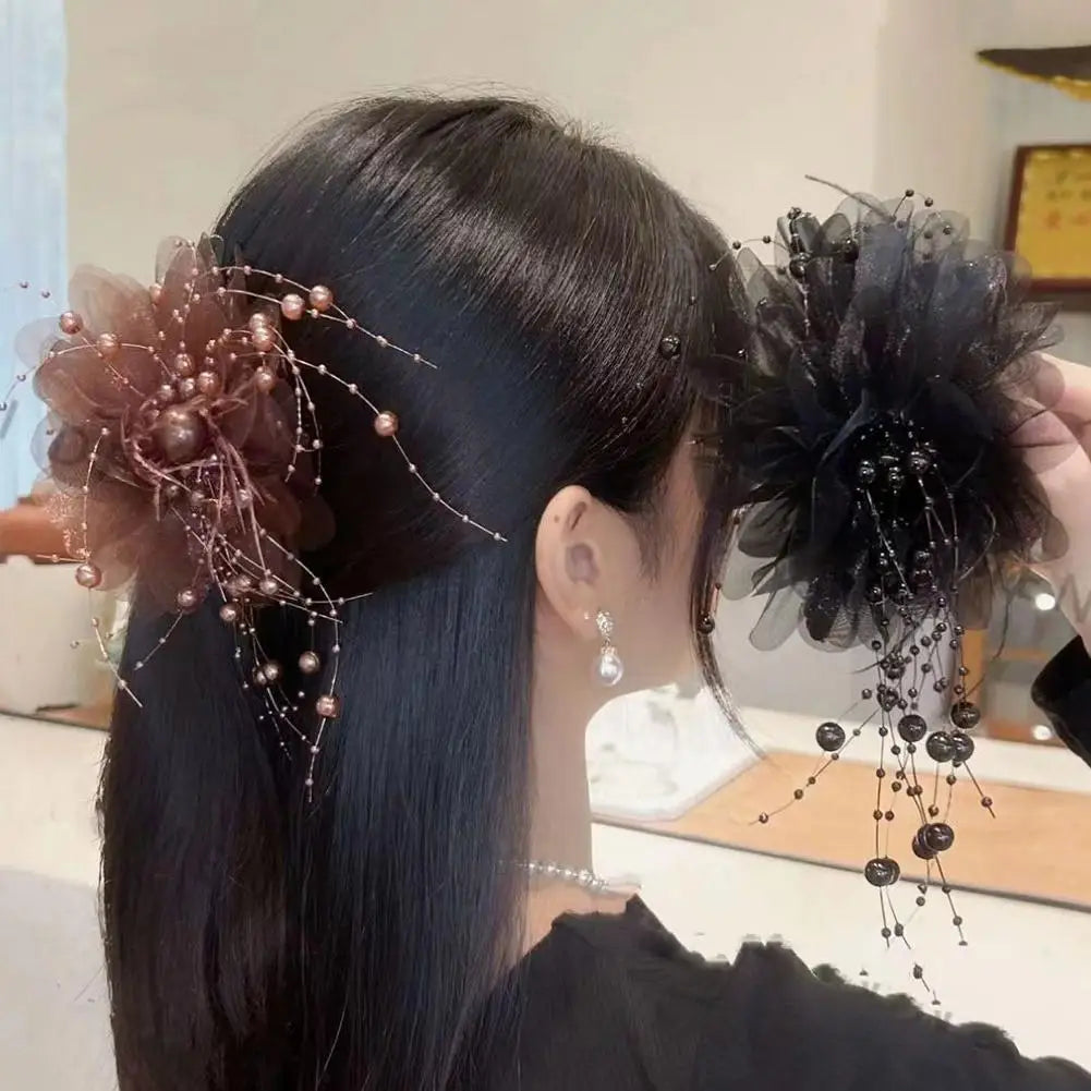 Women Fashion Hair Accessories Girls Flower Hair Claw Pleated Organza Pearls Black Feather Grip Shark Hair Clip Female Headwear