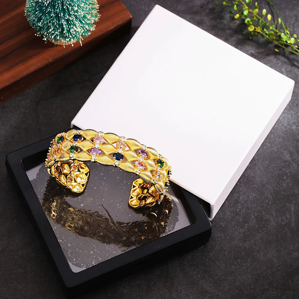 Popular Stainless Steel Rainbow Gemstones Wide Open Bracelet Bangle/Band Ring Knitted Handmade Luxury AU750 Women Jewellery Set