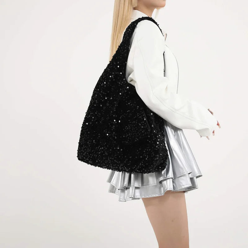 Large capacity commuting bag for women, new popular single shoulder underarm bag, versatile, high-end texture sequin flash tote