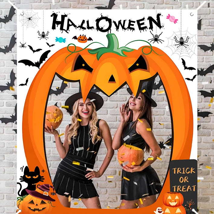 Halloween Pumpkin Party Decorations Scary Pumpkin Door Banner Creepy Photo Booth Props Large Horror Photography Backdrop