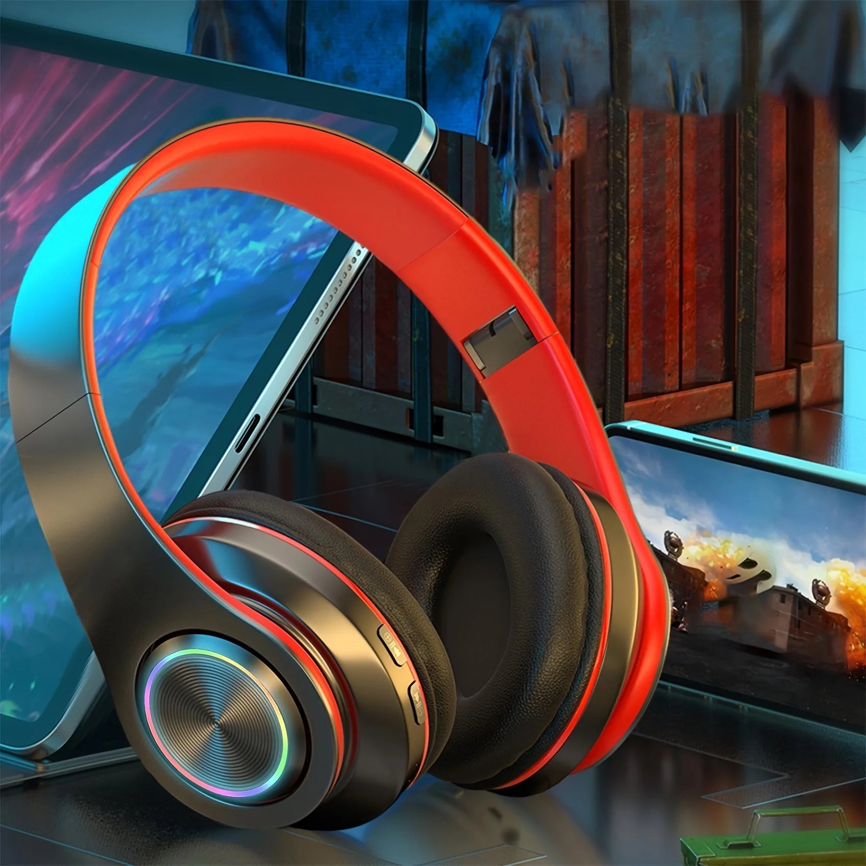 Wireless Over Ear Headphones - Active Noise Canceling, Deep Bass, LED Light, Portable Folding Design for Music, Sports & Games