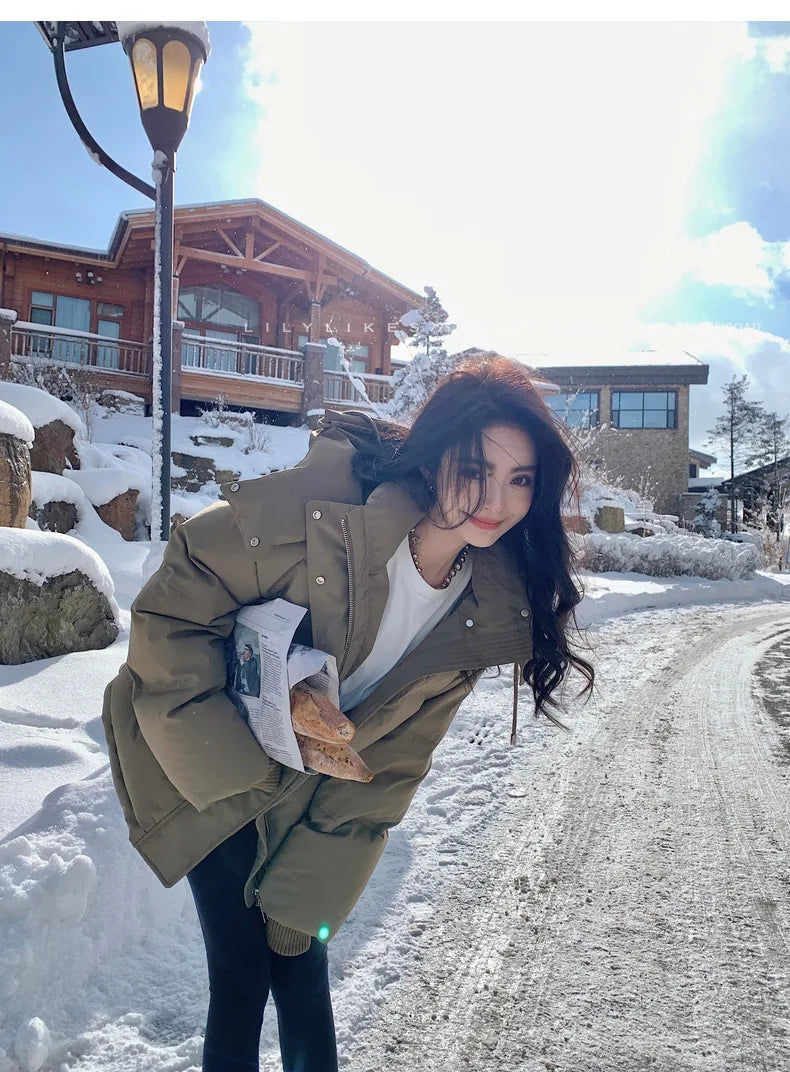 Women's Down Cotton Jacket Hooded Coat Winter Cotton Comfortable Thick Warm Love Embroidery Loose Jacket Snow Coat Clothing