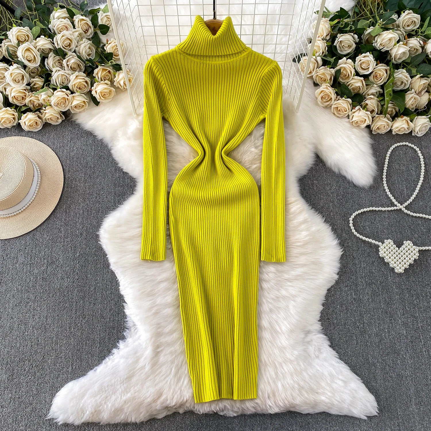 Women Winter Turtleneck Knittign Dress Stretch Slim Long Sleeve Soft Knitwear Dresses Female Casual Lining Simple Bottom Vestido