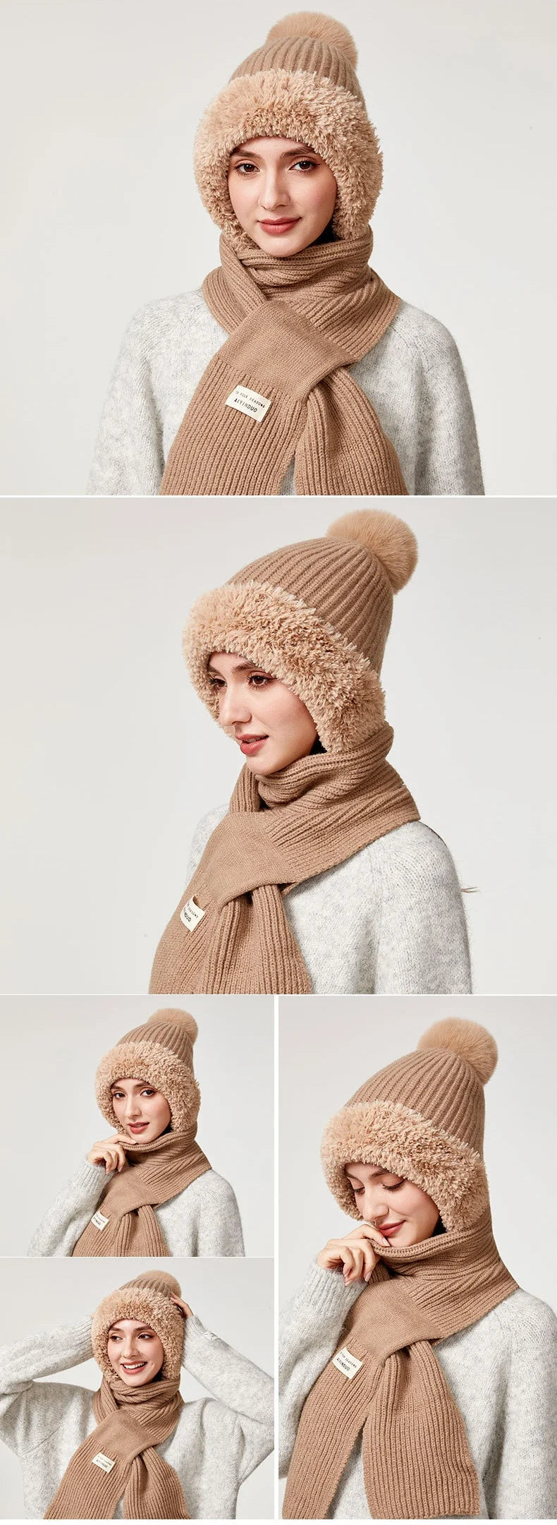 Winter Hat with Long Scarf - Women's Outdoor Knitted One-Piece Hat with Ear Neck Protection, Double-Layer Fleece-Lined  Warmth