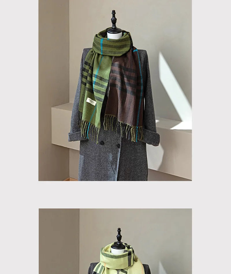 Autumn and Winter New Arrival Tassel Long Scarf Striped Fashion Cowl Neck Warm Fuzzy Color Block Wrap