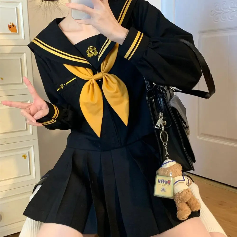 Japanese School Uniform Girls Plus Size Jk Suit Role Play High School Yellow Tie Black Basic Sailor Suit Female Long Sleeve Suit