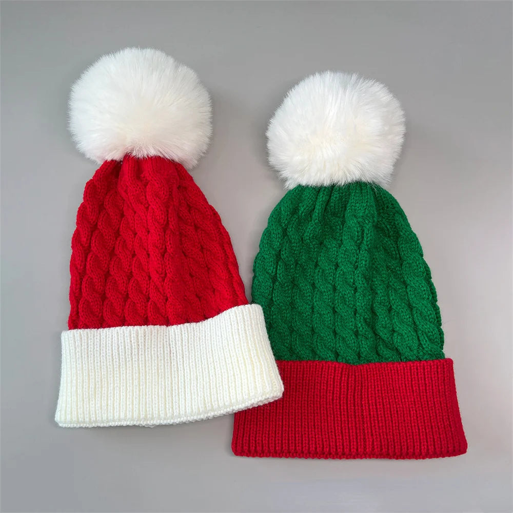 Winter Fur Pom Poms Hat Winter Hat For Adult Kids Hat Knitted Beanies Cap Hat Thick Christmas Xmas Santa  Skullies Beanies