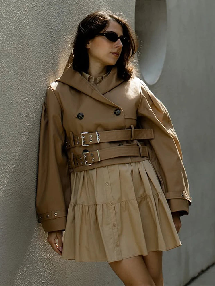 Women's Jacket Chic Double Belt Hooded Full Sleeve Button Female Female Jackets 2025 Autumn Fashion High Street Lady Outwears