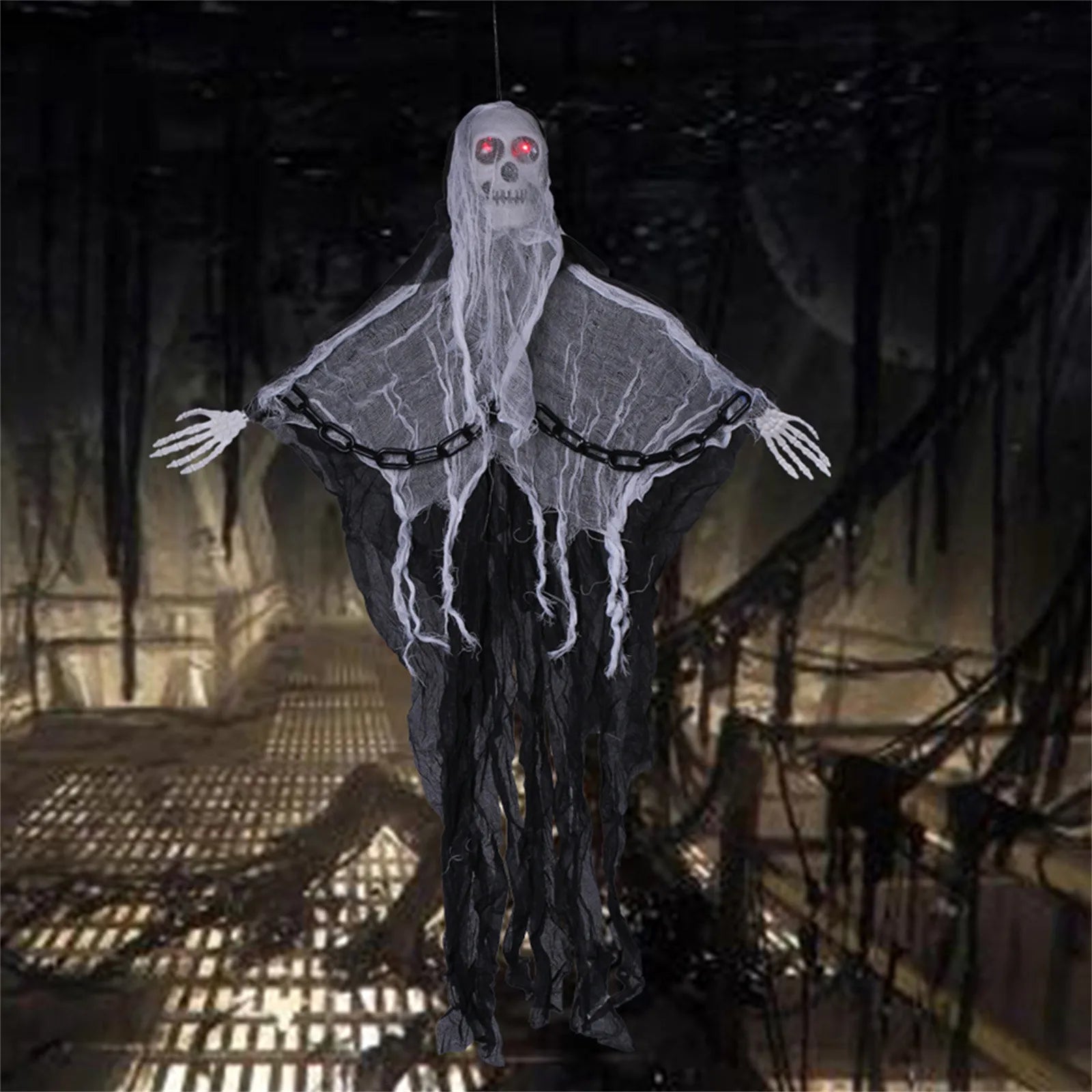 Halloween Hanging Skull Ghost Horror Decorations,Luminous Chain Skeleton With Arms,Haunted House And Festival Party Horror Props