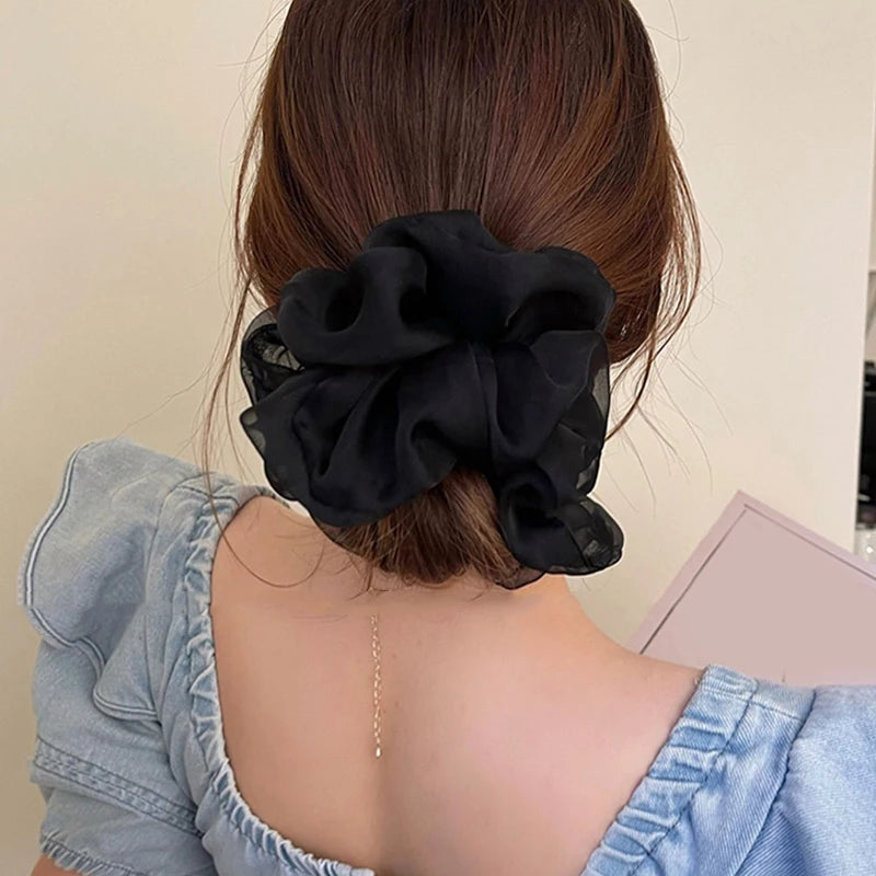 New Woman Large Solid Color Chiffon Scrunchies Elegant Women Mesh Rubber Band Black Beige Pink Ponytail Holders Hair Accessories